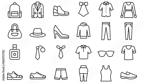Clothing store and apparel design line icon collection