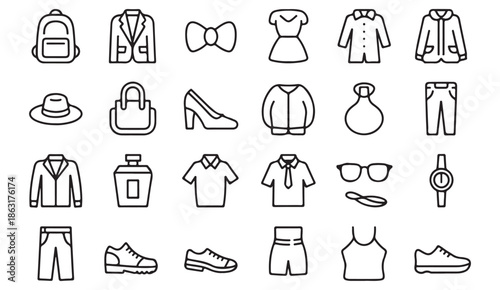 Clothing, shoes and fashion accessories icon set