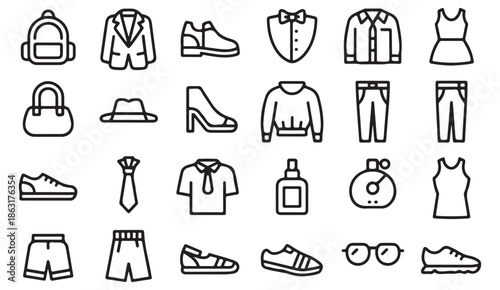 Fashion clothing and accessory outline icons set isolated on white