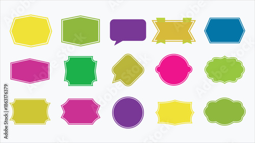 Colorful blank label and badge collection featuring flat geometric vector shapes for prices and offers