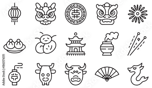 Chinese festival and cultural heritage icon set