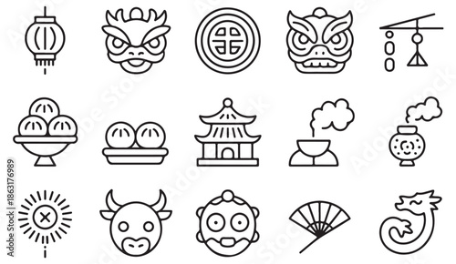 Asian festival and traditional symbol line icons collection