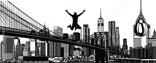 New York cityscape illustration, Brooklyn Bridge art, urban silhouette, jumping figure, skyline sketch, iconic buildings, flat vector illustration