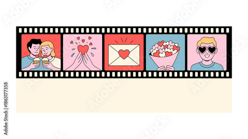 Love Story in Frames: A nostalgic film strip captures moments of affection and romance, illustrating various stages of love from intimate toasts to heartfelt gestures of love. 