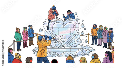 Heart of Ice: A community watches as skilled artisans meticulously carve a giant heart from a block of ice, creating a breathtaking display of artistry and winter's beauty. 