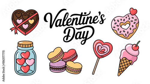 Valentine's Day Treats: A collection of delightful Valentine's Day treats, including chocolates, a heart-shaped donut, candies and macarons, arranged on a bright background. Evoking feelings of love.