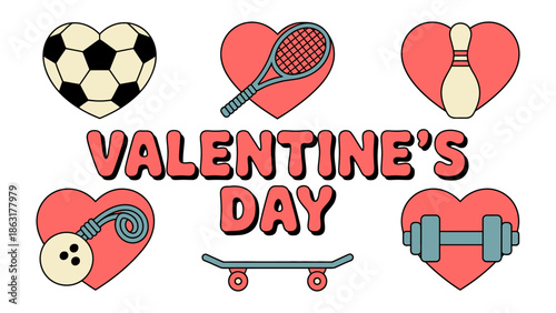Valentine's Day Sports and Leisure: A vibrant illustration combines romantic hearts with sport equipment, to capture love and athletic pursuit. An ideal visual for sports-themed Valentine's greetings.