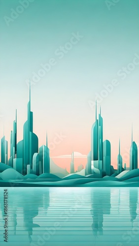 Motivational phone background Futuristic teal cityscape reflected on calm water under pastel sky This image was created using AI based on my original prompt.
