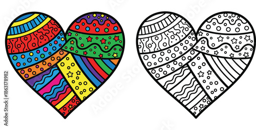 Decorative heart illustration set with colorful doodle patterns and black and white outline version for coloring book page, vector isolated design.