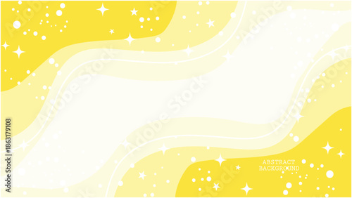 Vibrant yellow abstract background with white swirling shapes and sparkling stars for creative design projects and presentations with template