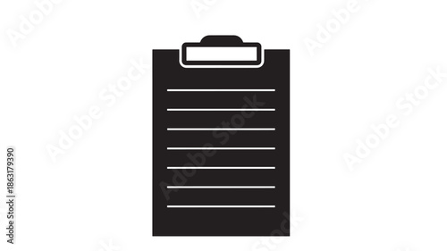 Black clipboard icon with metal clip on top and six white horizontal lines, flat vector design, front view on white background, simple office symbol