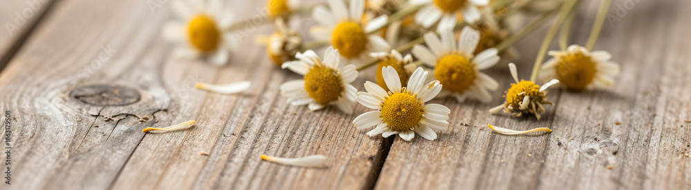 Obraz premium warm captures delicate petals dried chamomile flowers scattered across weathered reclaimed wood surface