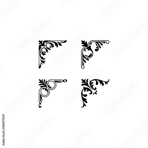 4 elegant decorative corner ornaments, solid black fill, vector, white background”