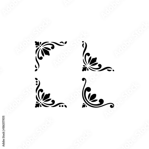 4 elegant decorative corner ornaments, solid black fill, vector, white background”