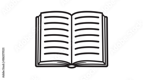 Open book vector icon with two pages and lined text, bold outline, minimalist flat design for education, reading, and library visuals