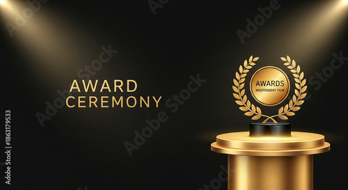 Elegant Golden Award Ceremony Background with Laurel Wreath Trophy on Luxury Podium: Professional Achievement Celebration Banner