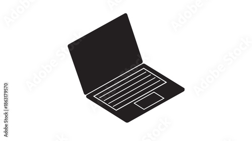 Black open laptop icon silhouette with white keyboard lines and trackpad, minimalist vector illustration for tech UI, flat design
