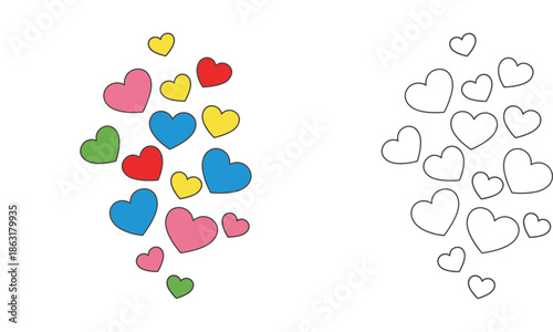 Set of colorful floating hearts and black outline doodle hearts for coloring page, vector illustration isolated on white background.