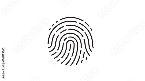 Black fingerprint icon in a circular minimalist vector design with bold lines, ideal for biometric authentication UI and tech illustrations