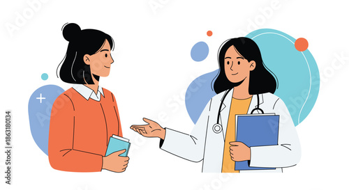 Professional female doctor in a white coat with a stethoscope holding a clipboard and talking to a young woman during a consultation.
