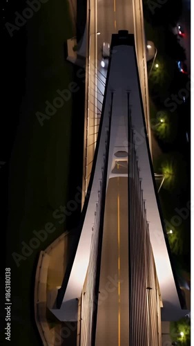 night view of the bridge, 街は明るく、車は動いています