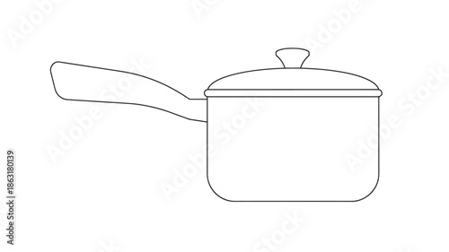 Minimalist line drawing of a cooking pot with lid and long curved handle, simple vector illustration in black outline on white background, flat design