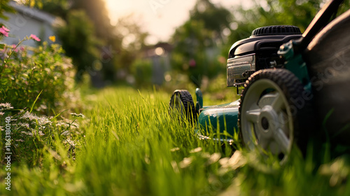 “Lawn Mower Cutting Green Grass in Backyard – Lawn Care and Gardening”