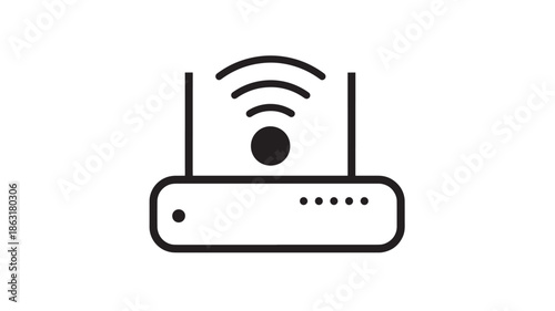 Minimalist black line art icon of a wireless router with two antennas, status light dots, and three curved Wi-Fi signal arcs on a white background