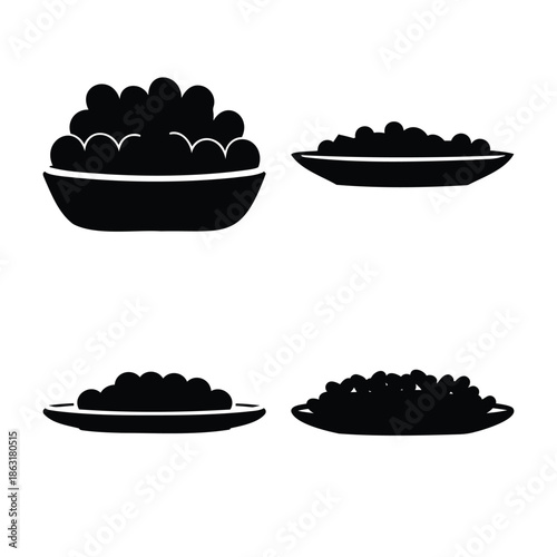 A minimalist black silhouette illustration showcasing various bowls filled with small food items