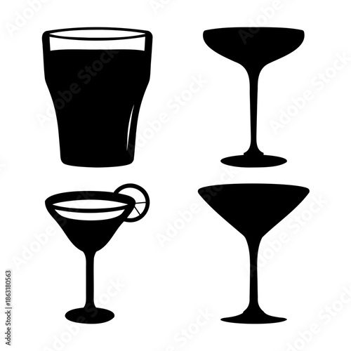 A diverse collection of drinkware silhouettes including tumblers, martini glasses, and coupe glasses
