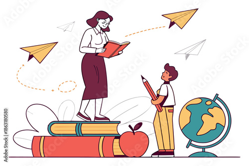 Flat vector illustration of woman standing on books reading to boy with pencil. Classroom globe apple paper planes. Creative learning concept art.