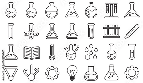 Chemistry and science equipment outline icons isolated on white