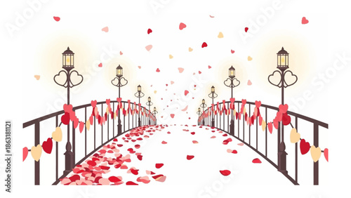 Romantic Pathway: A beautifully decorated bridge beckons with a shower of rose petals, adorned with hearts and illuminated by elegant lamps.