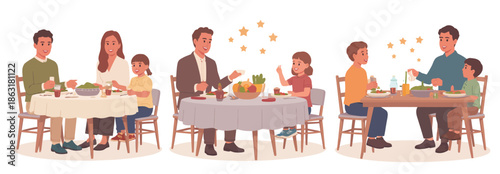 family enjoying meal together vector illustration, happy family eating at table, domestic dining scene, family lifestyle and togetherness concept, flat minimal vector design.