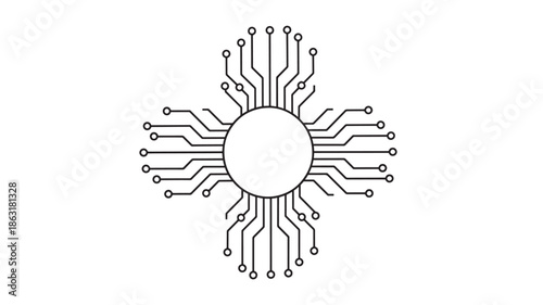 Radial black circuit sun icon with a central circle and branching traces, minimalist vector illustration for technology and electronics