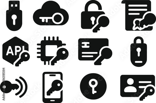 Security access and protection vector icons set featuring keys locks data storage and authentication elements