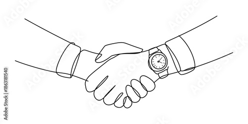 Minimalist single continuous line drawing capturing a professional handshake with a watch Vector, illustration