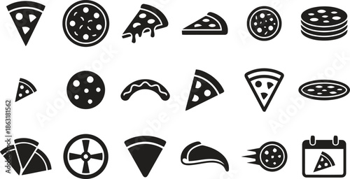 Various black silhouette pizza icons representing different slices whole pizzas and toppings