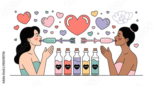 Romantic Concoction: A pair of women celebrate their bond by sharing love potions. The design is filled with a lively array of hearts and bubbles