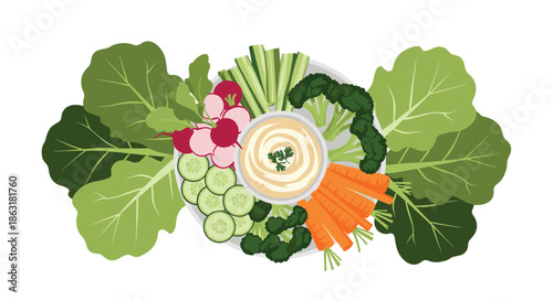 Healthy vegetable platter featuring broccoli, carrots, radishes, cucumbers, and celery sticks arranged around a central bowl of hummus.