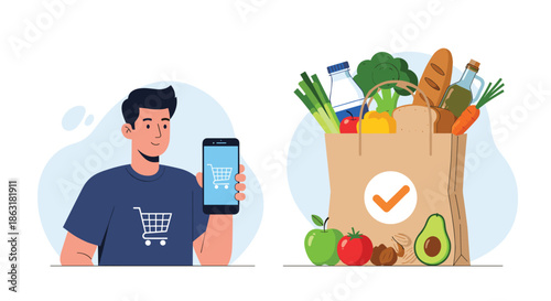 Man holding a smartphone with a shopping cart icon next to a brown paper bag full of fresh groceries.