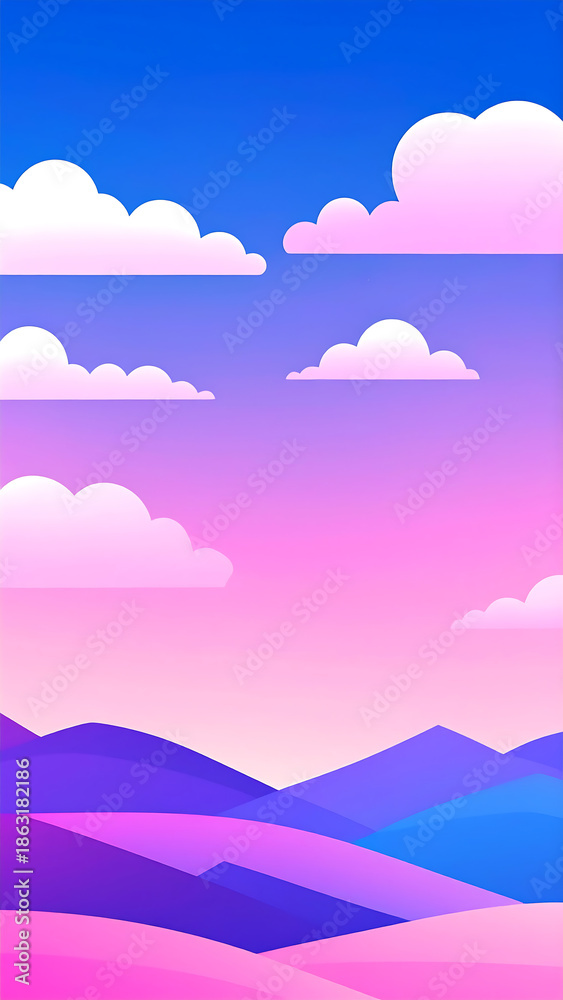 Fototapeta premium dreamy landscape with a gradient sky fading from deep blue to soft pink. Fluffy cloud and mountain