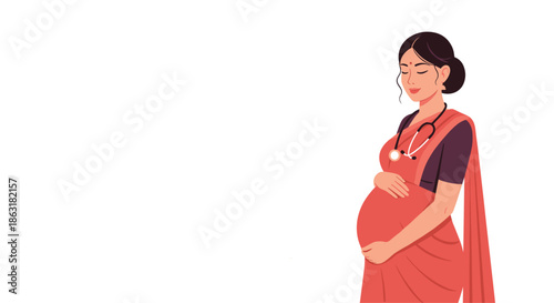 Indian female doctor who is pregnant wears a traditional red sari and a stethoscope while standing against a clean white background.