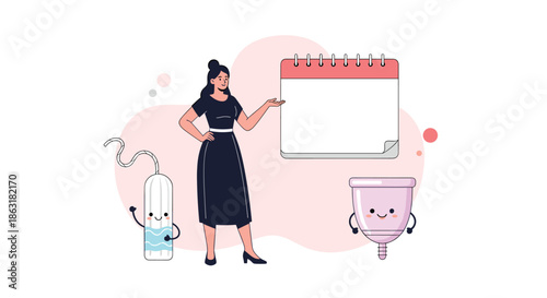 Young woman stands next to a large blank calendar page surrounded by cute mascot characters for a tampon and a reusable menstrual cup.