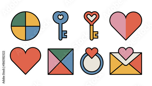 Colorful Hearts, Keys, and Shapes: A captivating collection of vibrant, retro-style illustrations featuring hearts, keys, and various geometric shapes, exuding a sense of charm and nostalgia.