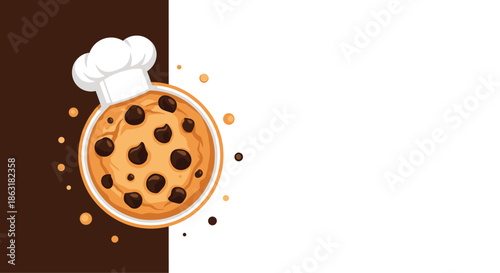 Top view of a delicious chocolate chip cookie wearing a white chef hat on a decorative brown and white background for National Cookie Day.