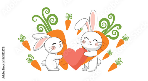 Two cute white bunnies hold a large red heart together while surrounded by many small orange carrots in a charming and sweet illustration.