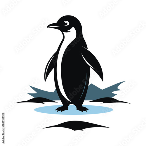 Penguin Standing on Ice Floe in Arctic Silhouette for Cold Climate Wildlife Vector Design