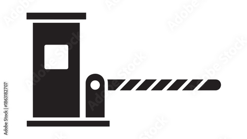 Black silhouette barrier gate and small kiosk with striped arm extending from a post, minimalist flat vector icon on white background