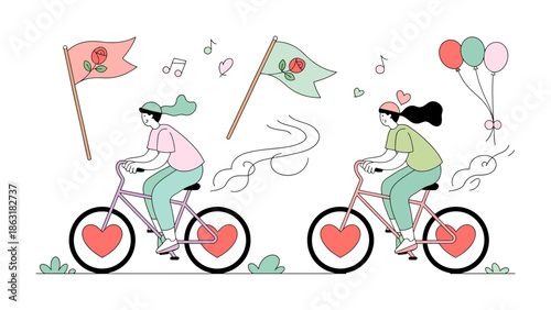 Pedal Power of Love: Two charming figures cycle with hearts and flowers, spreading joy and romance. capturing the essence of togetherness, love and adventure.